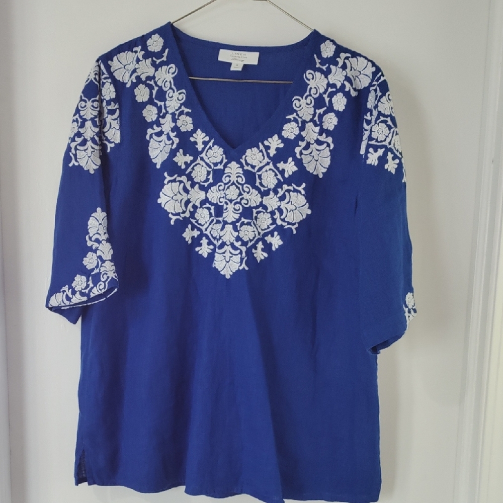 Charter Club Royal Blue Blouse with White Embroidery